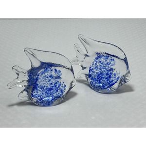 Pair Of Clear & Cobalt Blue Blown Glass Angel Fish Figurine Paperweights 3 1/8”